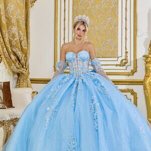 New Strapless Floral Lace Embellished Maxi Ball Gown w/ Sheer Sleeves DQ 5081